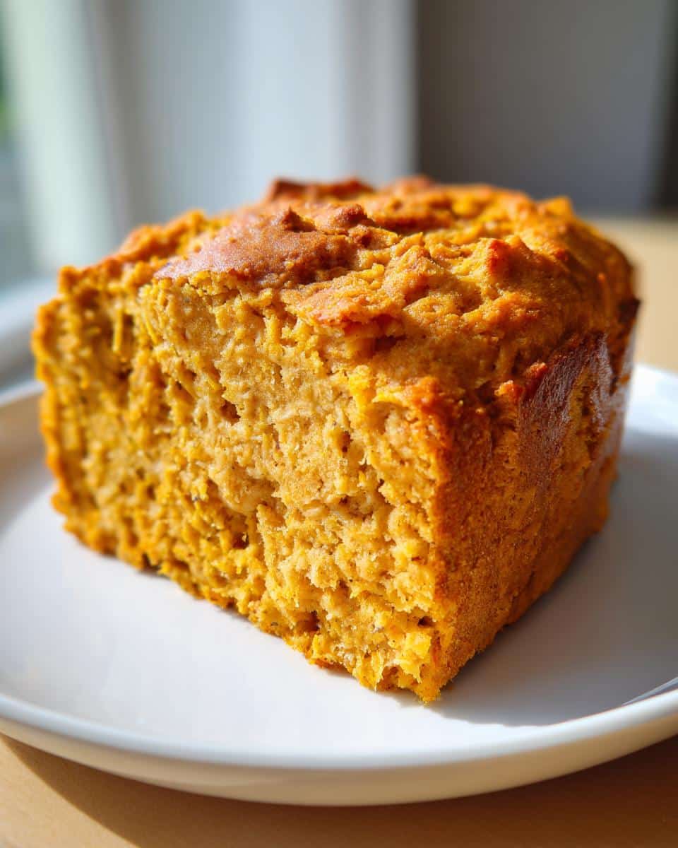 A slice of homemade Sweet Potato and Oatmeal Dog Cake on a white plate, ready to be served.