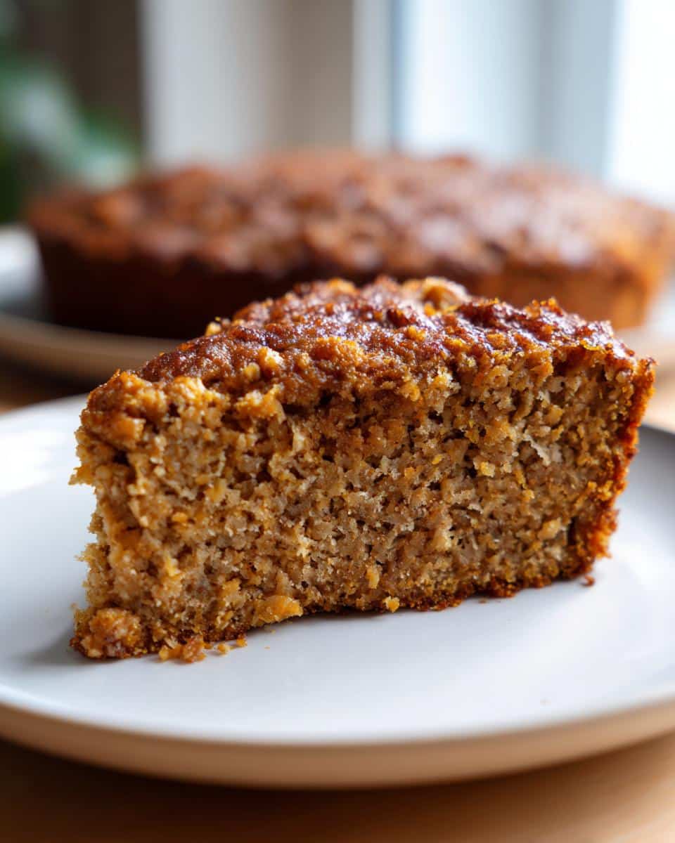 A slice of Sweet Potato and Oatmeal Dog Cake on a white plate, with the rest of the cake in the background.