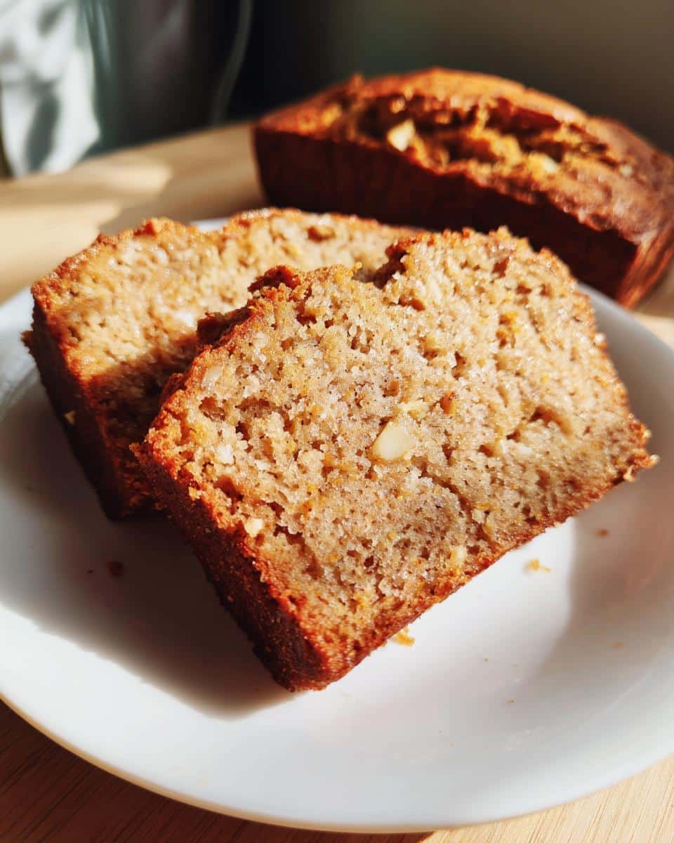 Two slices of homemade Sweet Potato and Oatmeal Dog Cake on a white plate, with the loaf in the background.