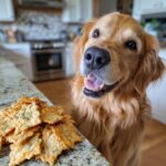 Golden Retriever dog eagerly awaits Sweet Potato & Parsley Crackers. Homemade dog treat recipe.