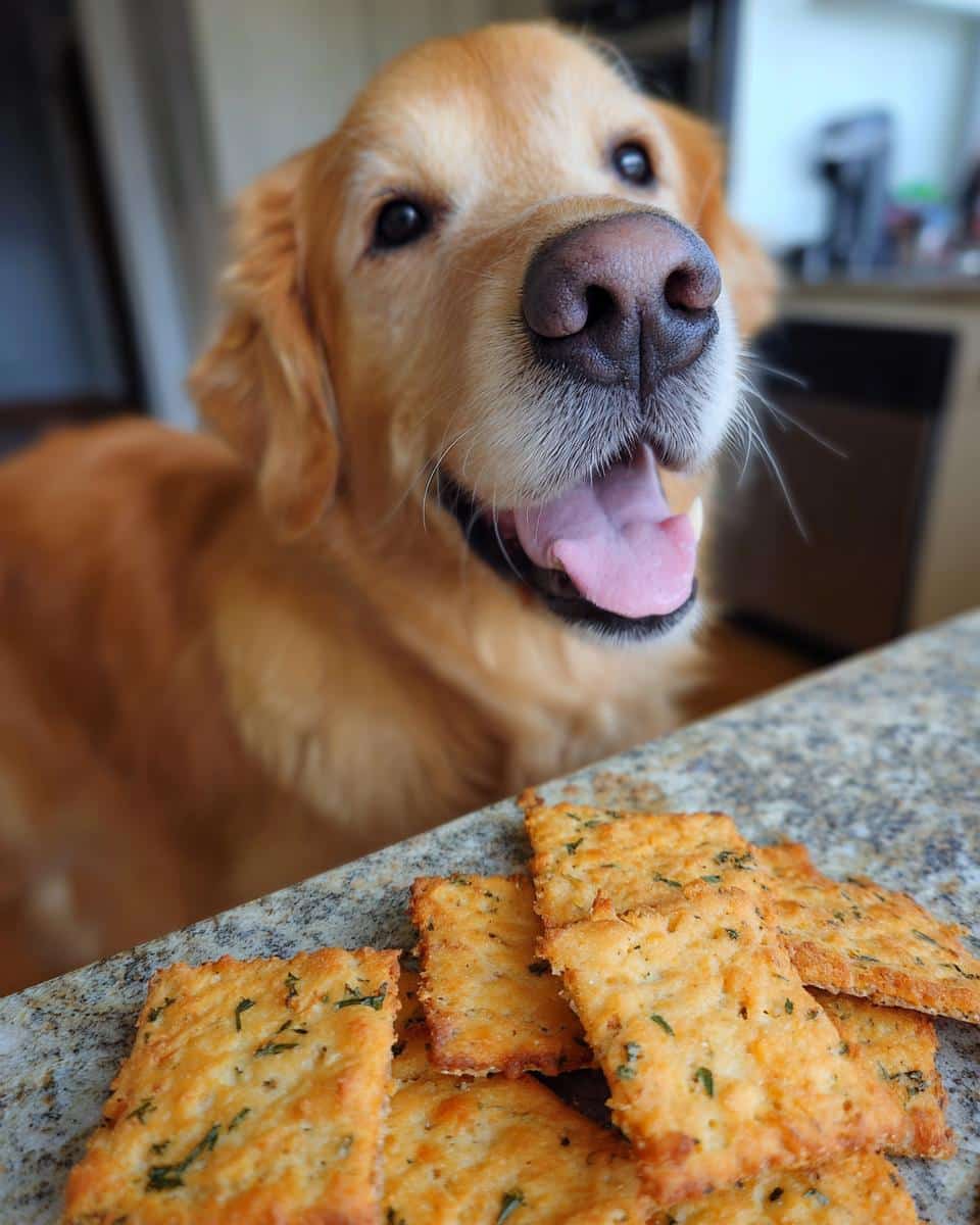 Golden retriever looking at a pile of homemade Sweet Potato & Parsley Crackers – Recipe for Dogs.