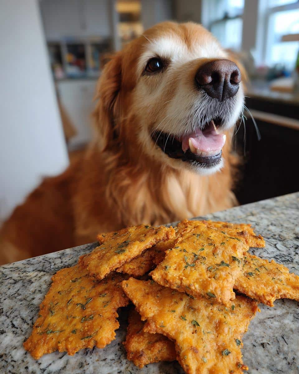 Golden Retriever looks longingly at a pile of Sweet Potato & Parsley Crackers – Recipe for Dogs.