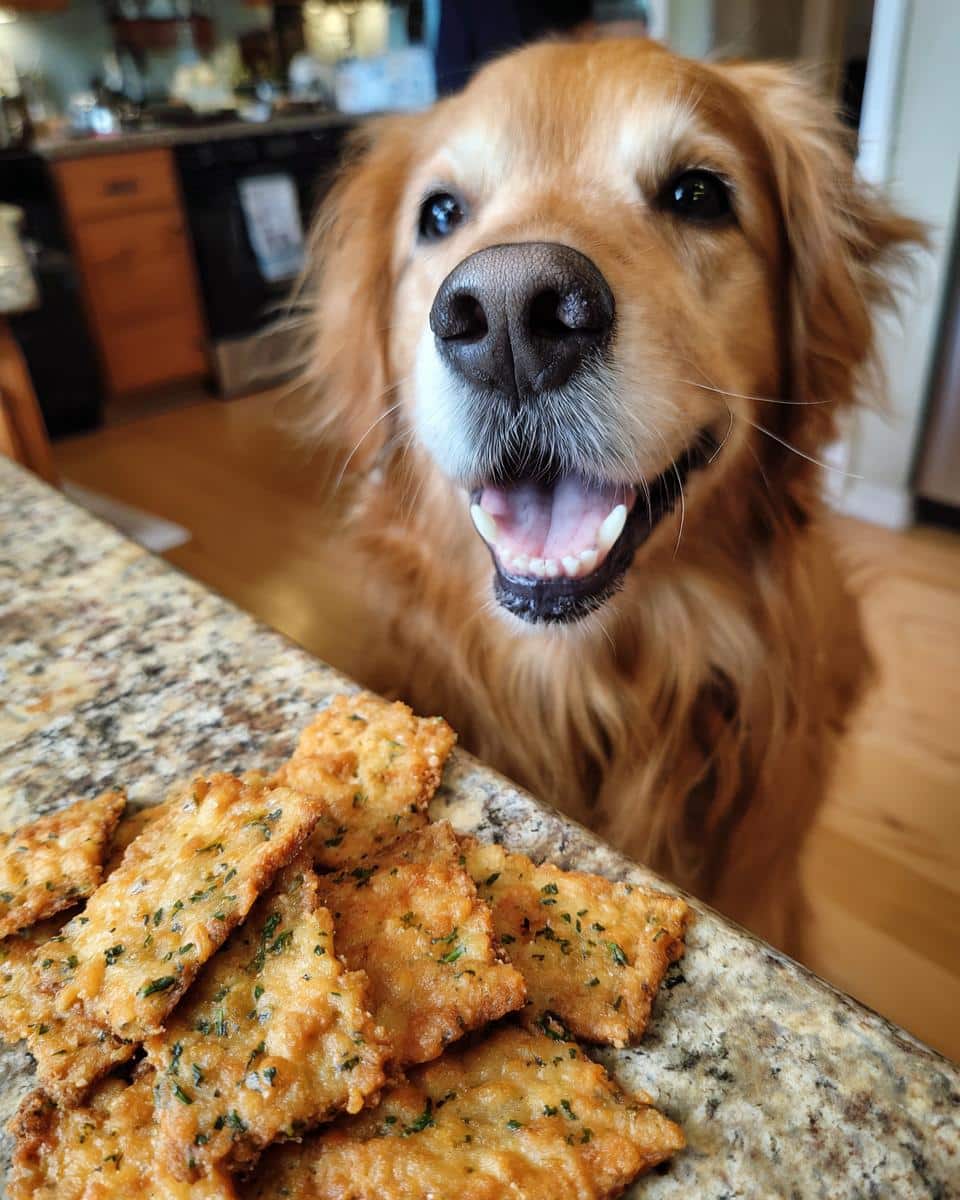 Golden Retriever eagerly awaits Sweet Potato & Parsley Crackers. Homemade dog treat recipe.