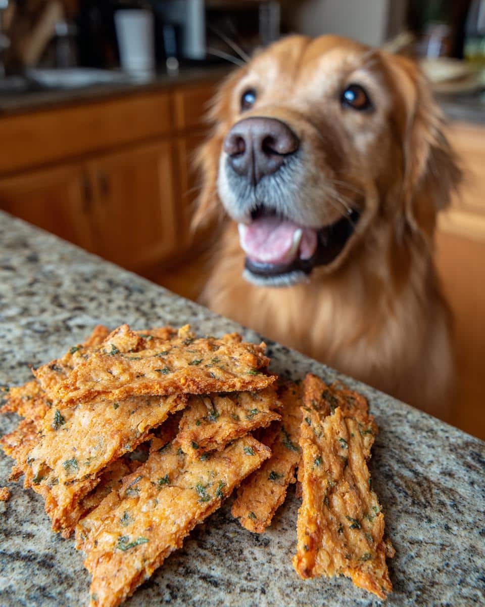 A golden retriever looks longingly at a pile of Sweet Potato & Parsley Crackers – Recipe for Dogs.