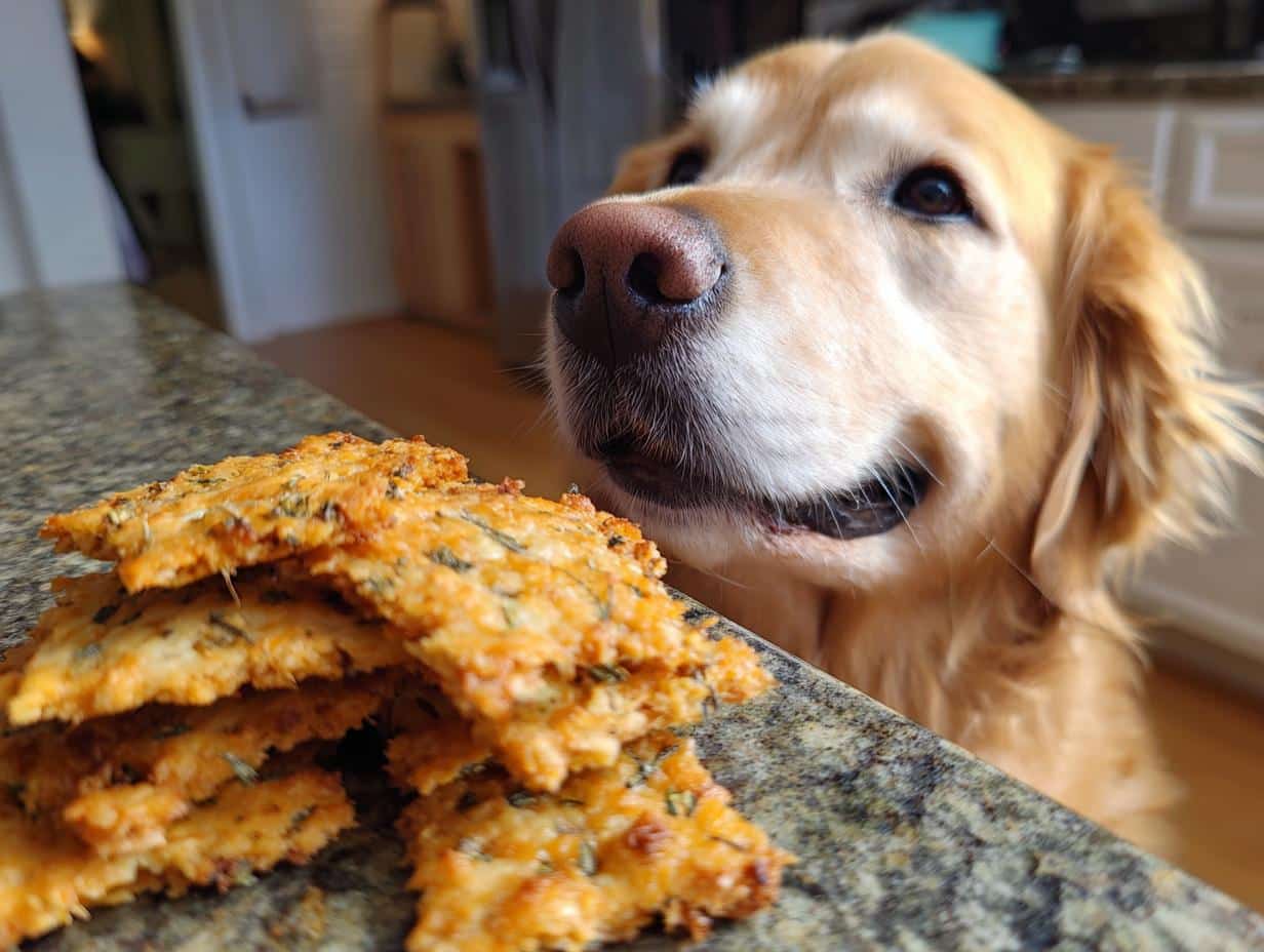 Golden Retriever dog looking longingly at a stack of homemade Sweet Potato & Parsley Crackers.