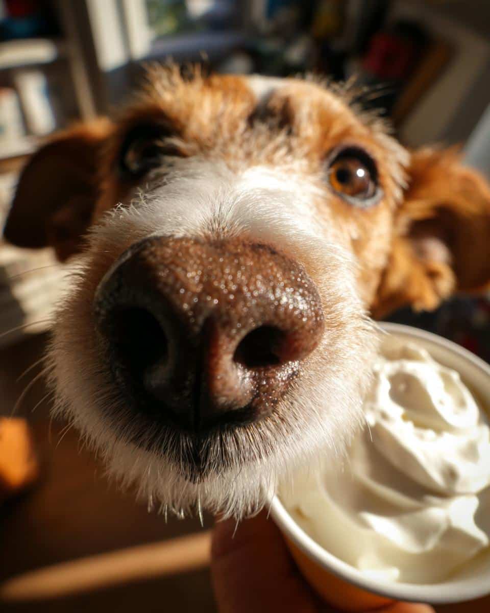 Close-up of a dog's face near a cup of whipped cream, ready for Taco Tuesday for Dogs.
