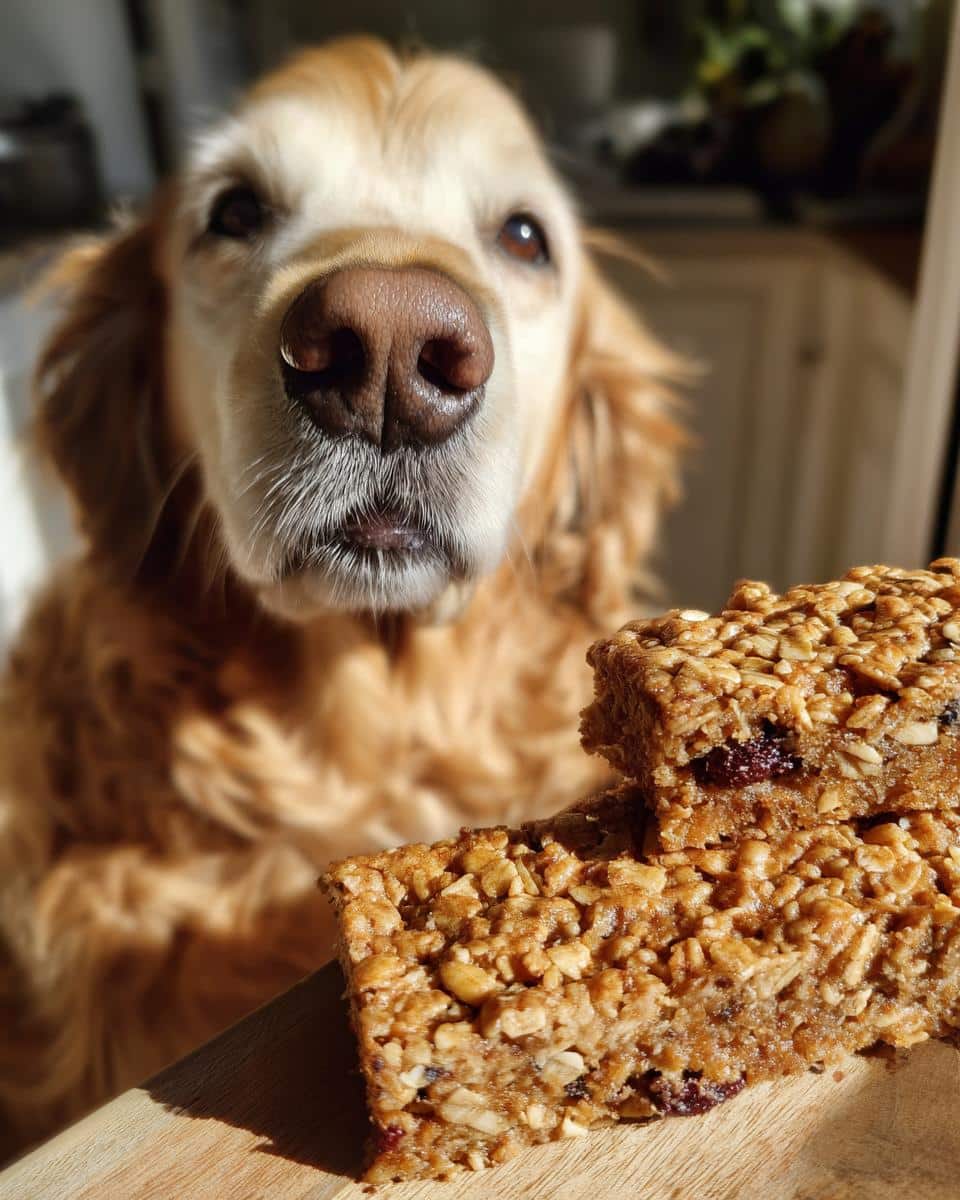 Golden retriever looking at Tuna & Oat Squares. Homemade dog treat recipe.