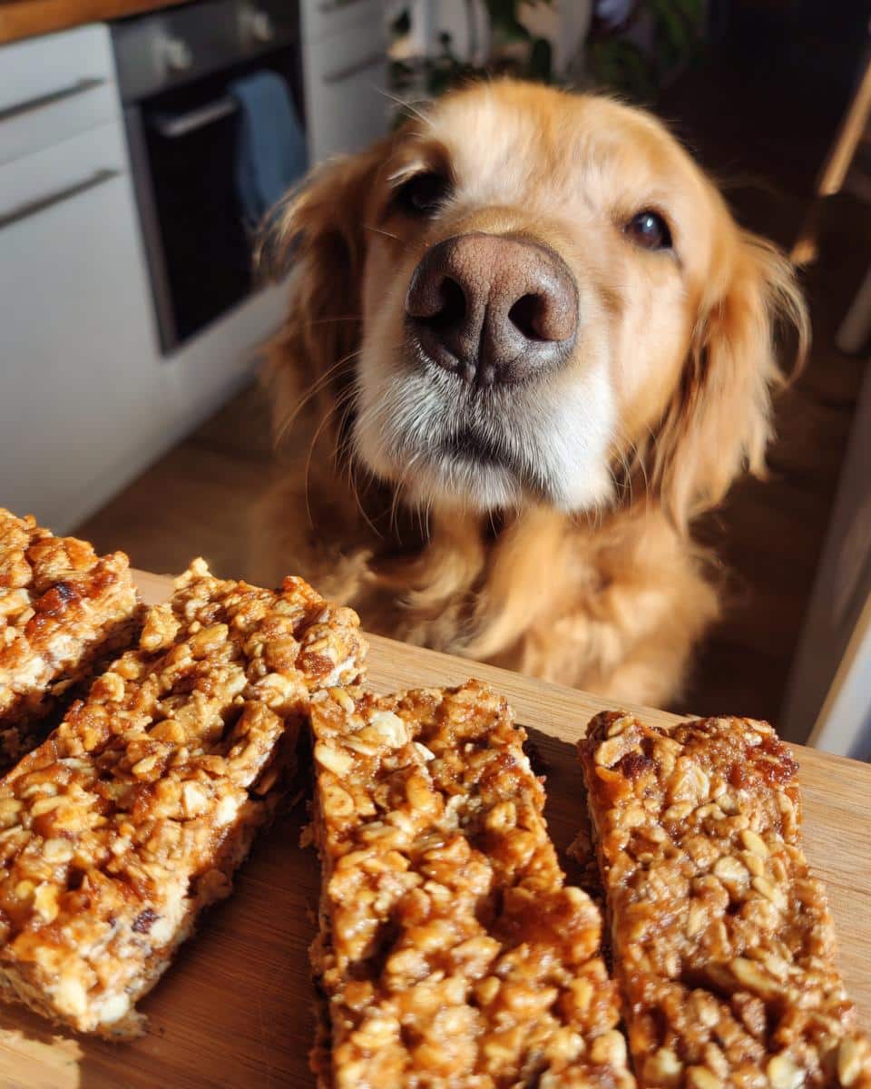 Golden Retriever looking at Tuna & Oat Squares. Recipe for Dogs. Homemade dog treats.