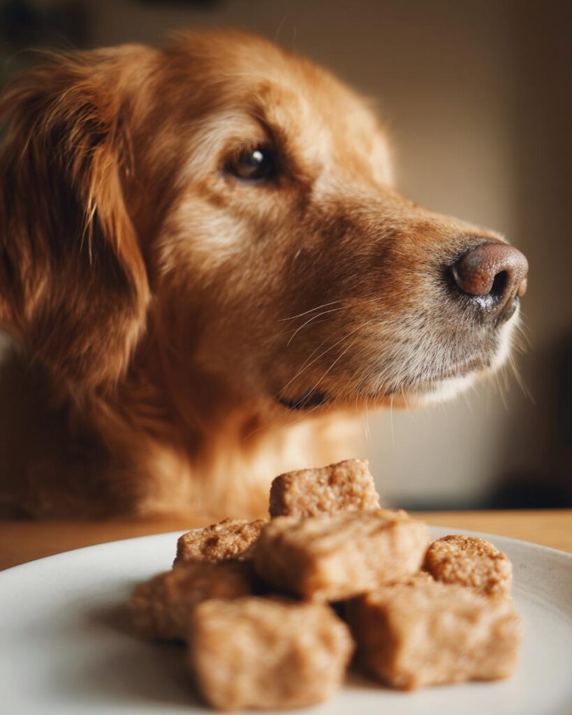 Golden Retriever looking at a plate of Tuna Sweet Potato Nuggets – Recipe for Dogs.