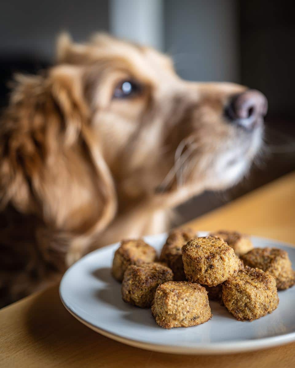 A plate of Tuna Sweet Potato Nuggets for Dogs, with a dog looking at them in the background.