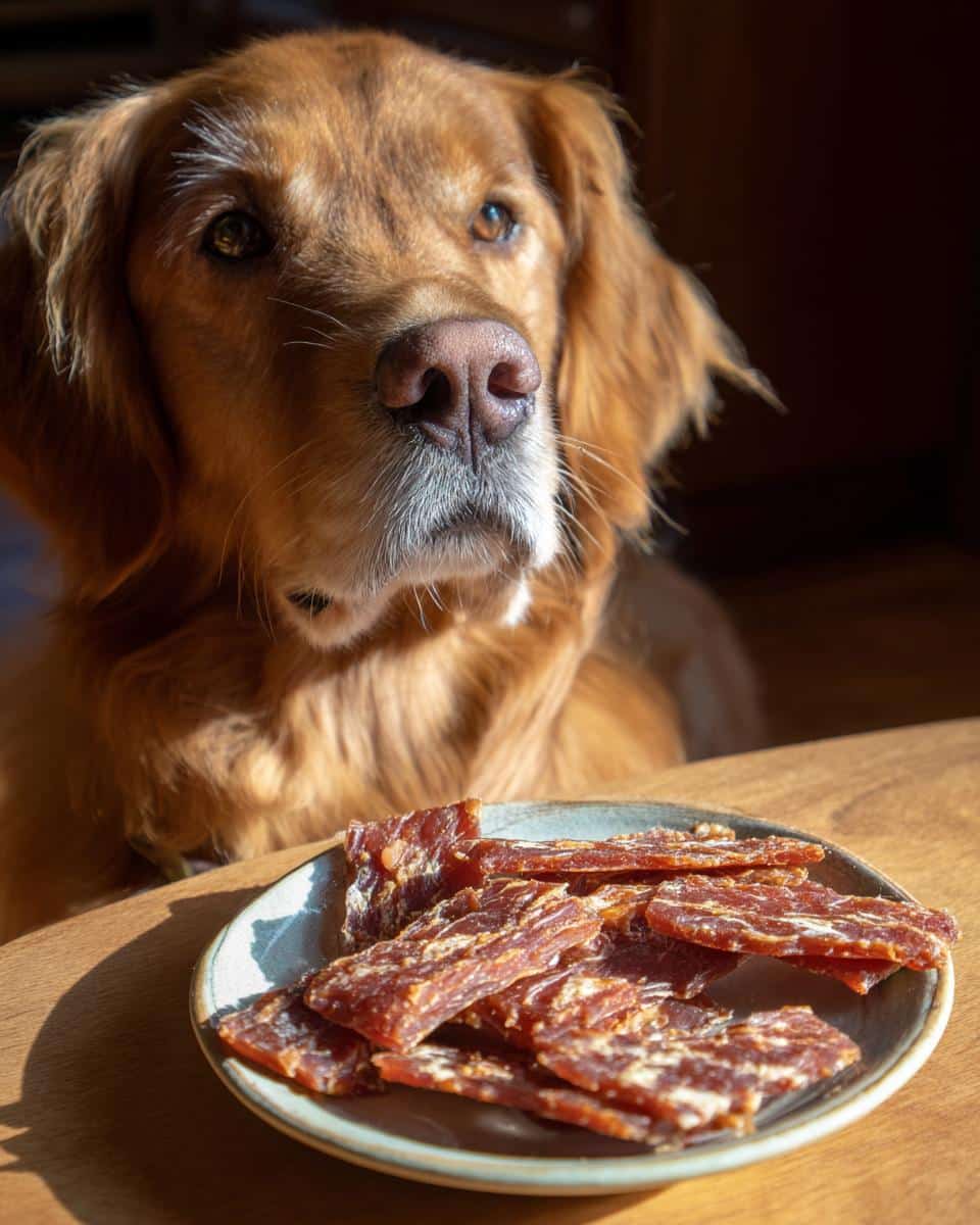 Golden retriever looking at a plate of Turkey Apple Jerky – Recipe for Dogs.