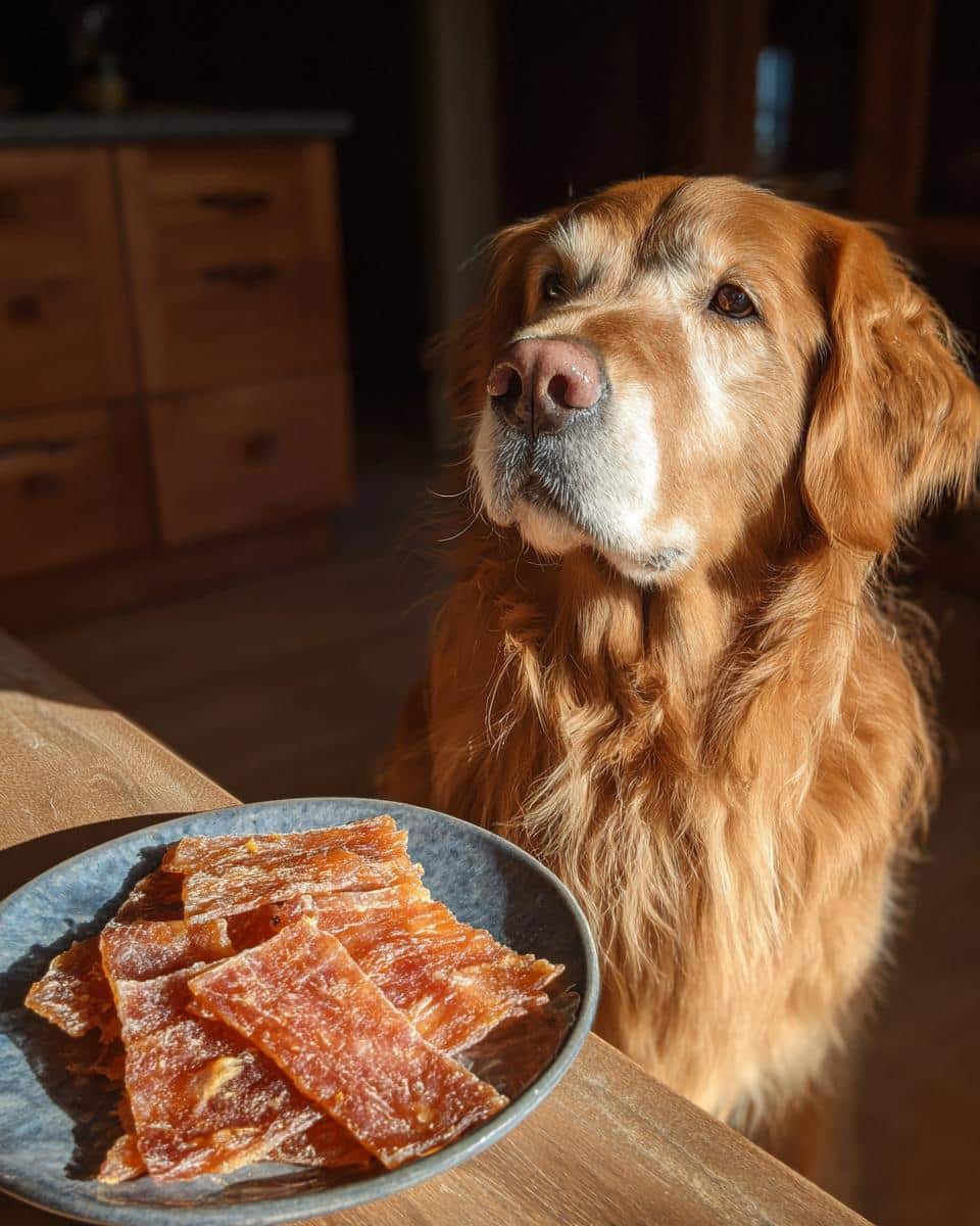 Golden Retriever dog looking longingly at a plate of Turkey Apple Jerky, a homemade treat for dogs.