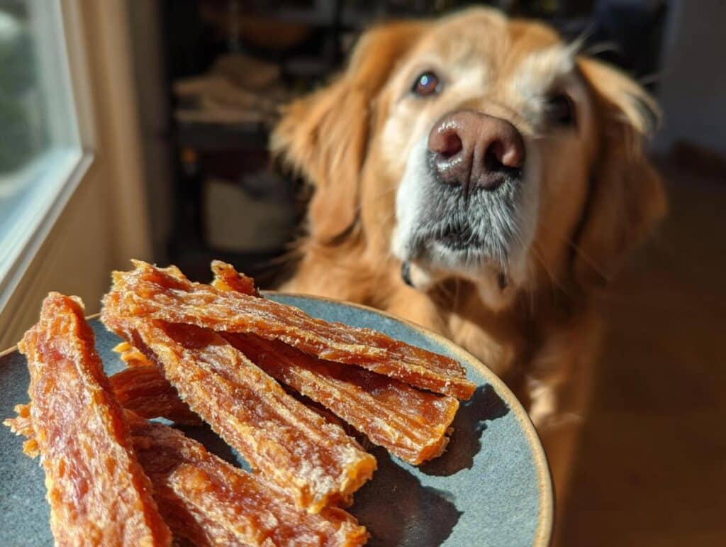 A plate of homemade Turkey Apple Jerky for Dogs with a golden retriever looking longingly at the treats.