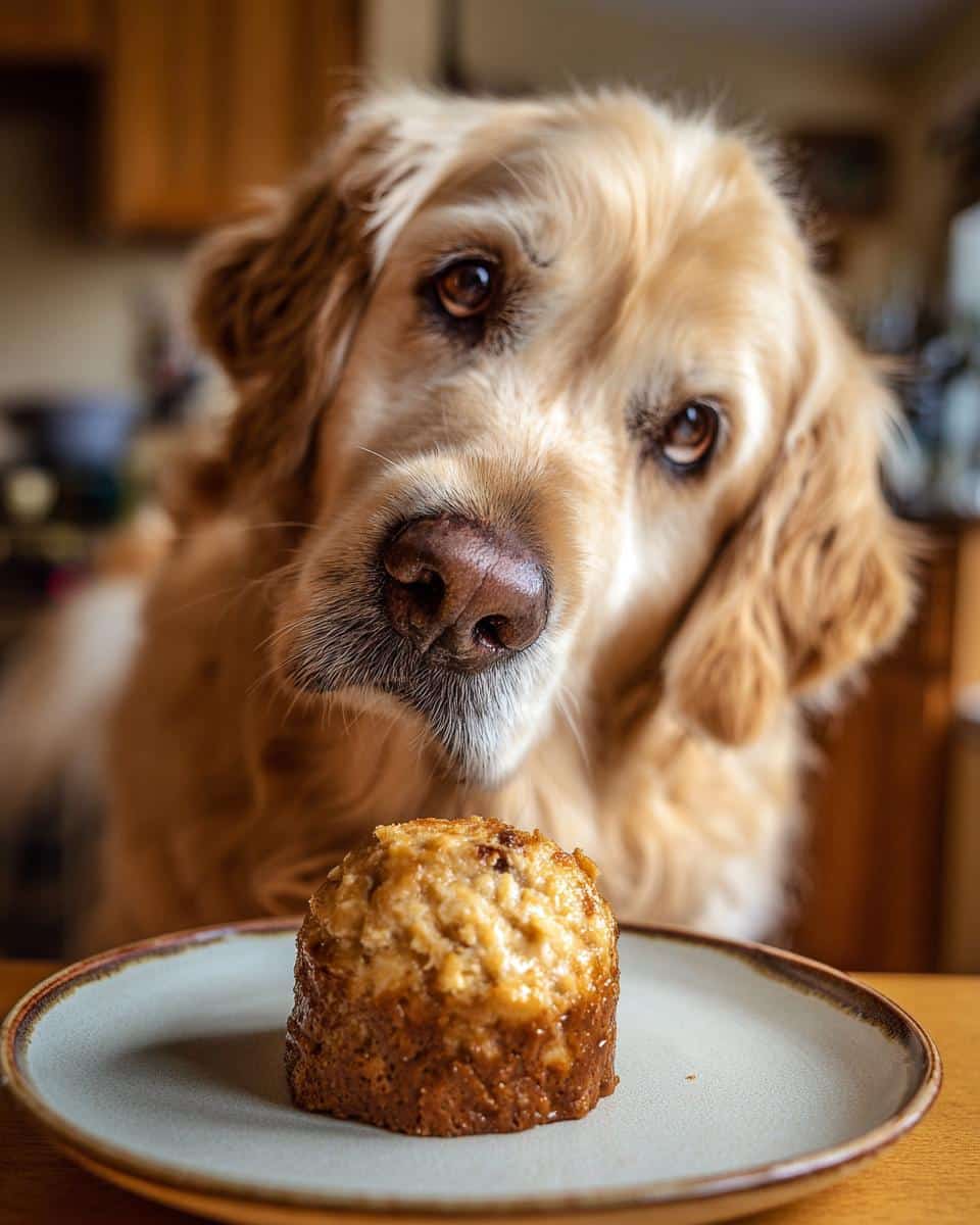 Golden Retriever looking longingly at a Turkey & Cranberry Meatball on a plate.