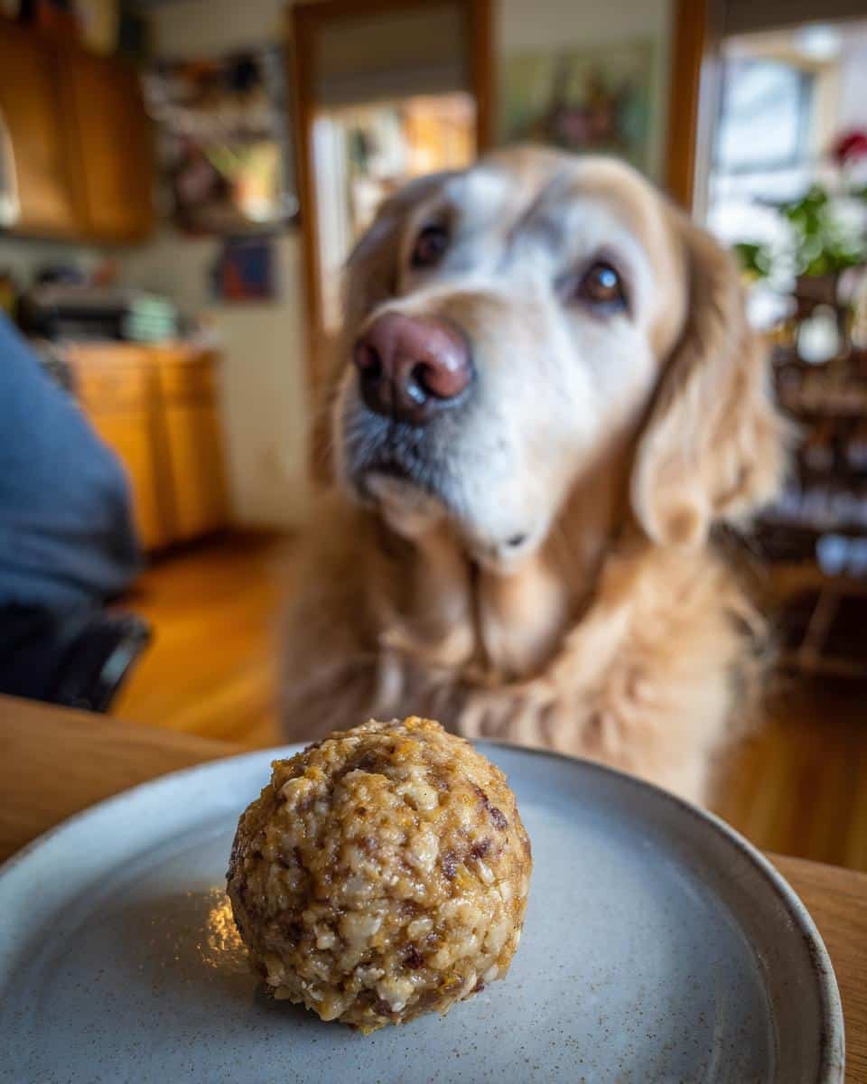 Golden retriever looking at a Turkey & Cranberry Meatball – Recipe for Dogs on a plate.