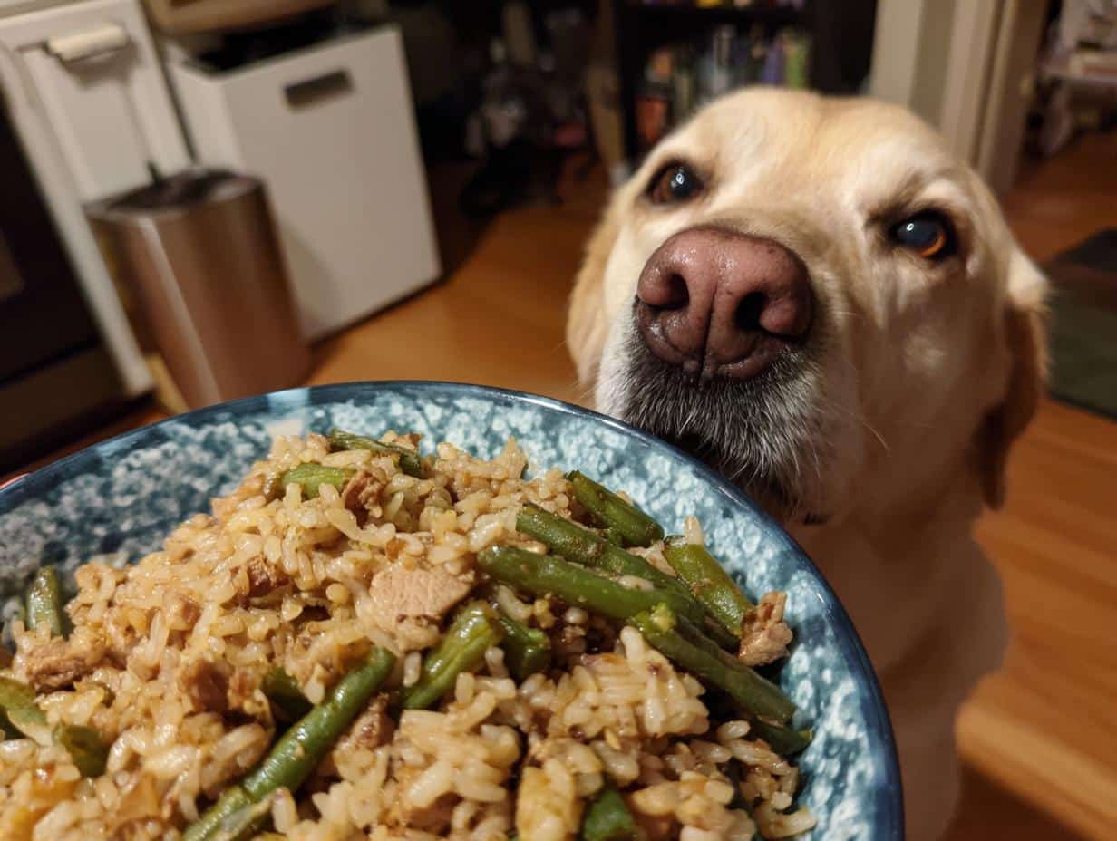 A golden retriever looks longingly at a bowl of Turkey & Green Beans Large Dog Recipe.