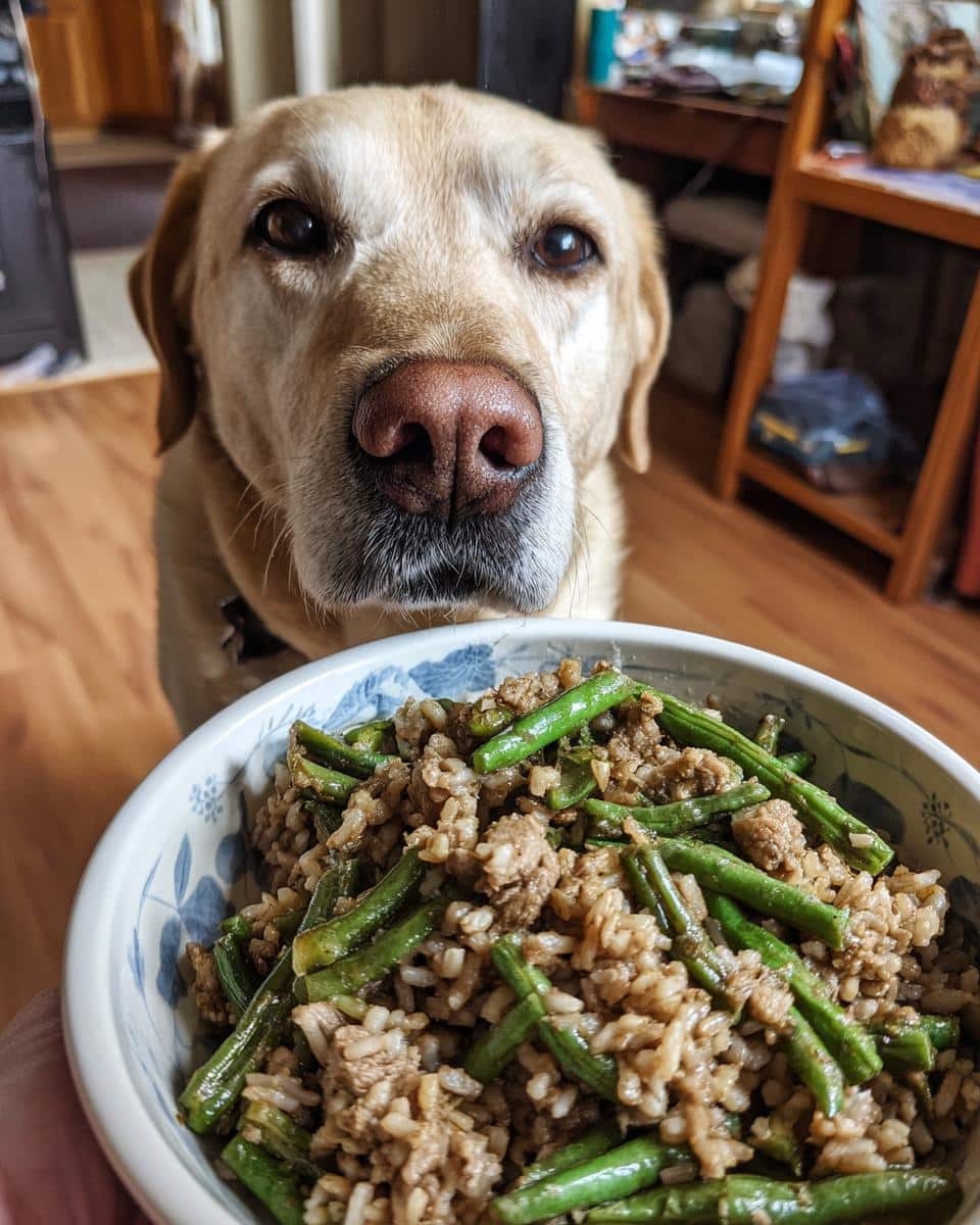A large dog looks longingly at a bowl of Turkey & Green Beans Large Dog Recipe.