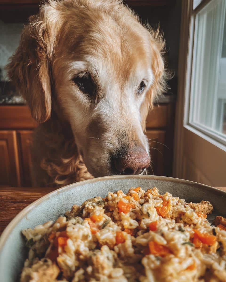 Golden Retriever looking longingly at a bowl of Turkey & Oats Balanced Dog Recipe.