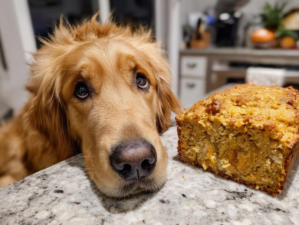 Golden retriever looking longingly at a Turkey Pumpkin Loaf made for dogs.