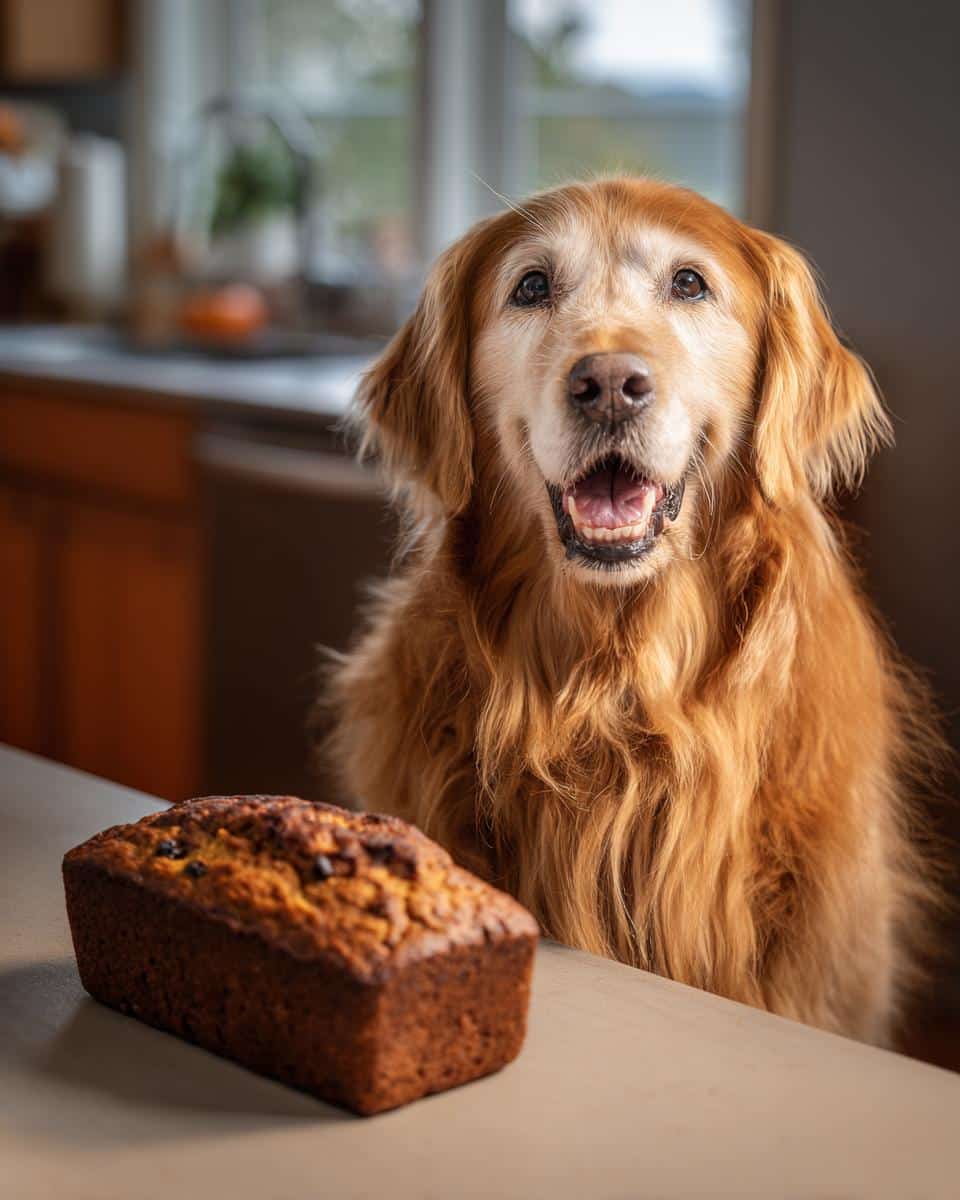Golden Retriever dog looks longingly at a Turkey Pumpkin Loaf. Recipe for Dogs.