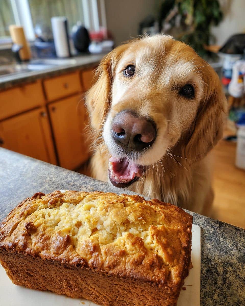 Golden retriever eagerly anticipates a slice of homemade Turkey Pumpkin Loaf. Recipe for Dogs.