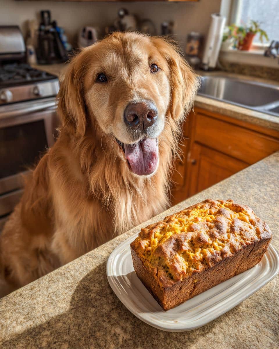 A golden retriever eagerly awaits a slice of Turkey Pumpkin Loaf. The loaf sits on a plate on the counter.