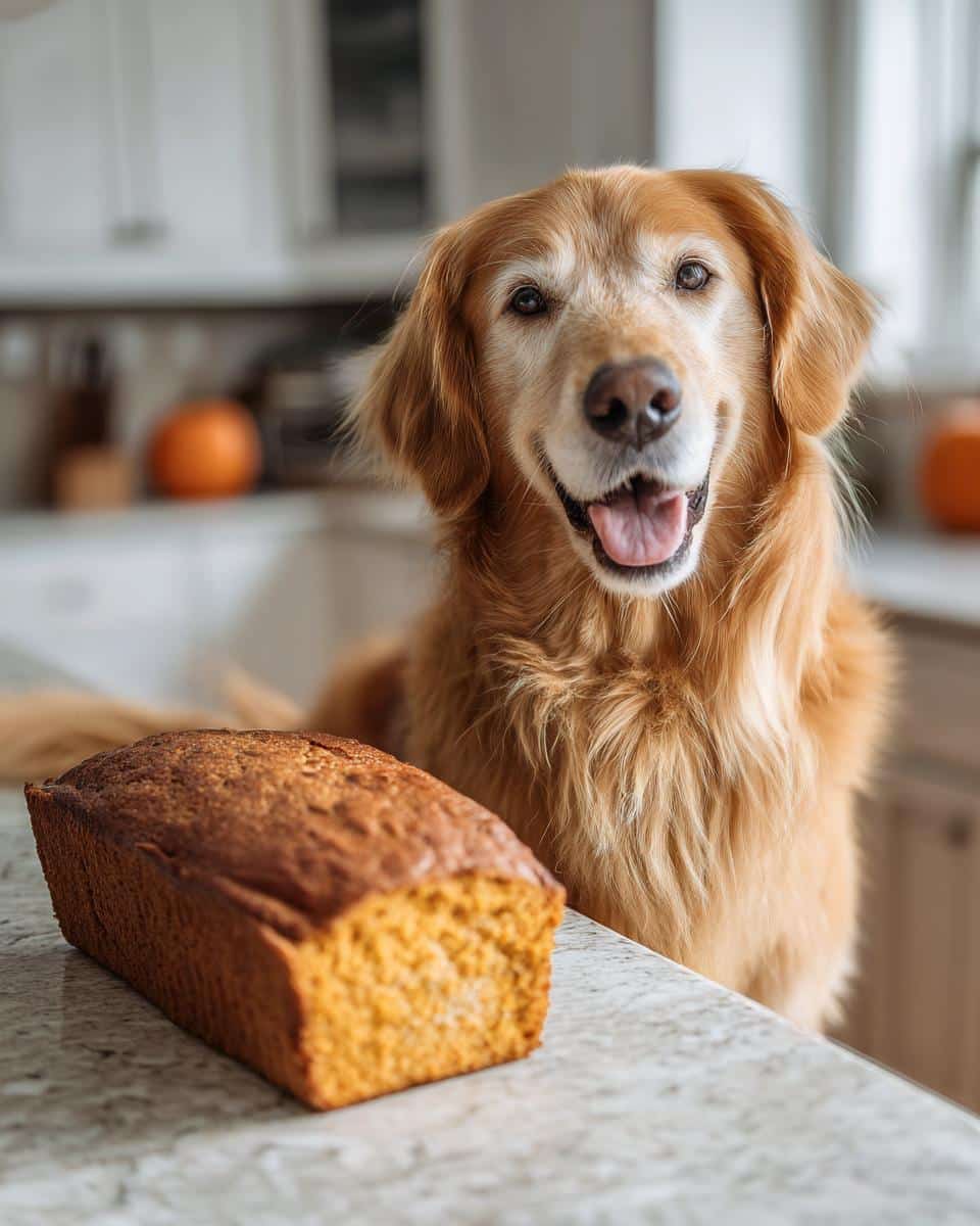 Golden Retriever dog smiling next to a baked Turkey Pumpkin Loaf – Recipe for Dogs.
