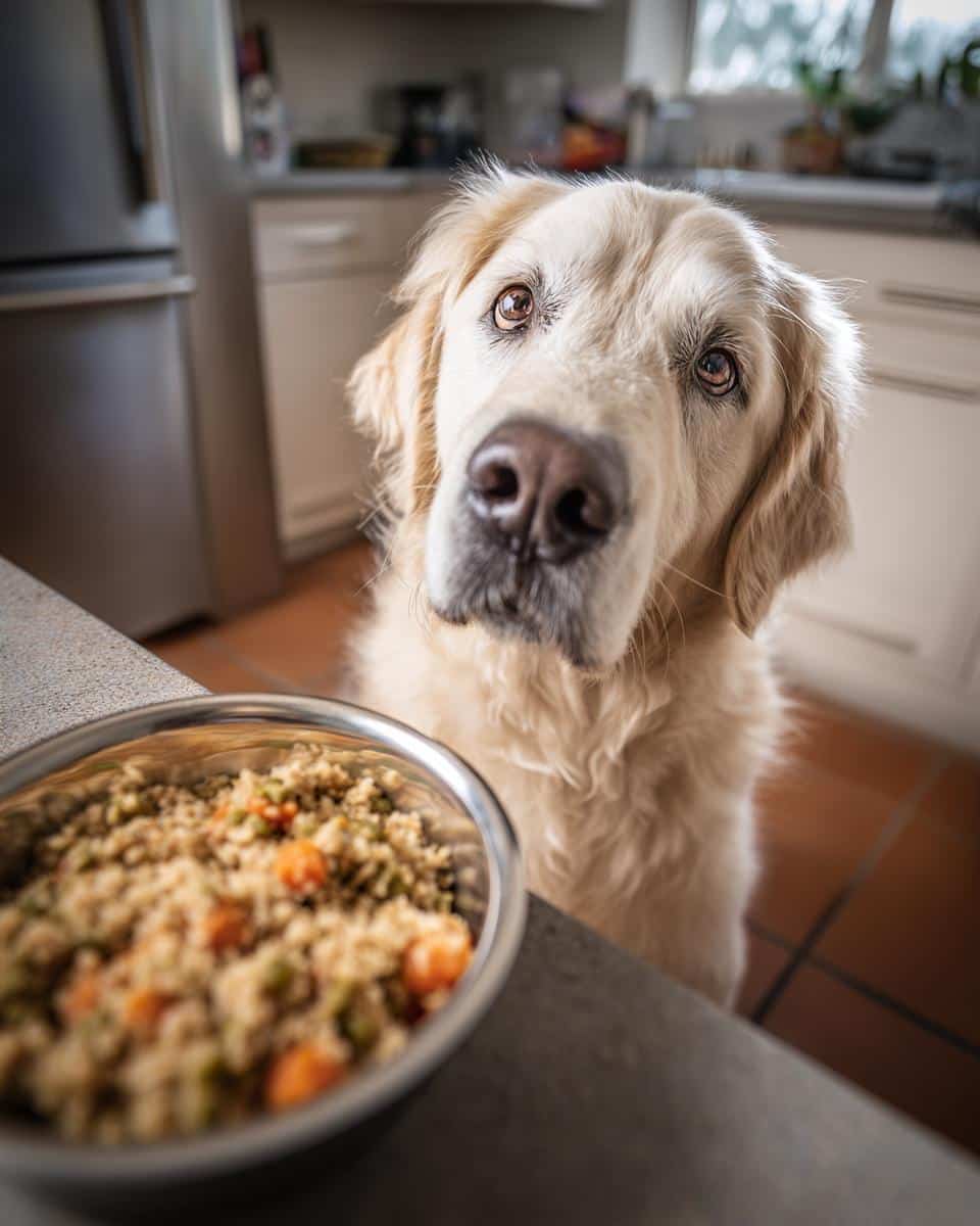 Golden Retriever dog looking at a bowl of Turkey & Quinoa Healthy Dog Food Recipe in a kitchen setting.