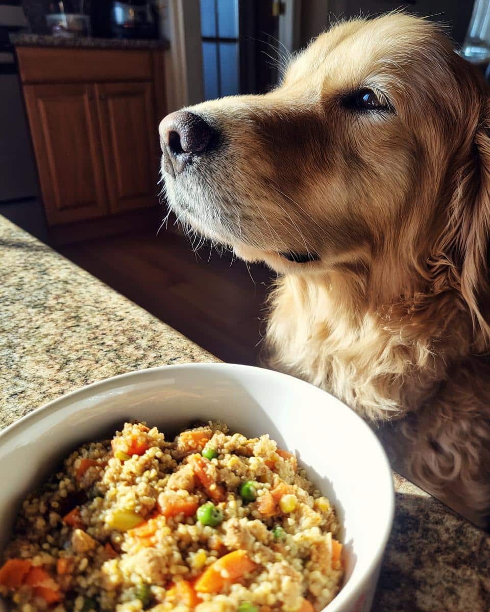 Golden retriever looking longingly at a bowl of Vet-Approved Turkey & Quinoa Dog Meal.