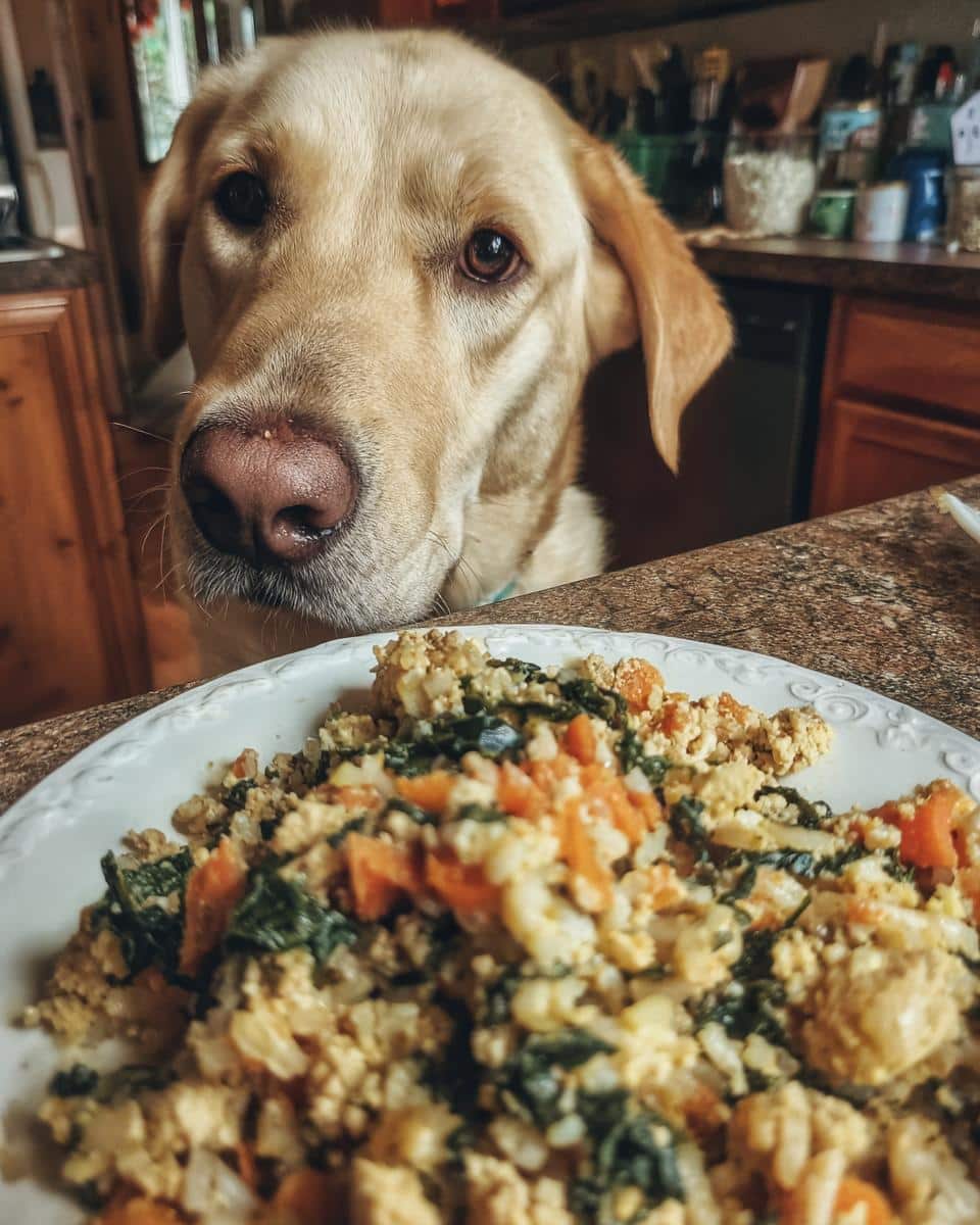 A golden Labrador gazes longingly at a plate of Turkey & Spinach Easy Dog Meal.