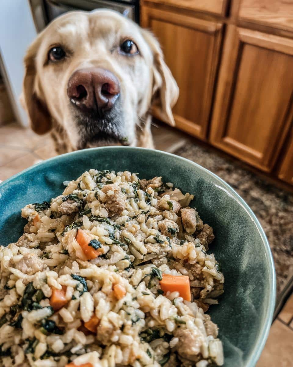 A golden retriever looks longingly at a bowl of Turkey & Spinach Easy Dog Meal. The meal contains rice, spinach, and carrots.