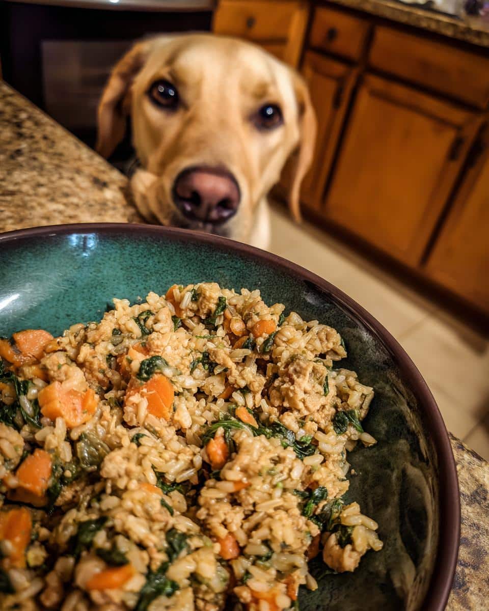 A dog gazes longingly at a bowl of Turkey & Spinach Easy Dog Meal. Focus on the food in the bowl.