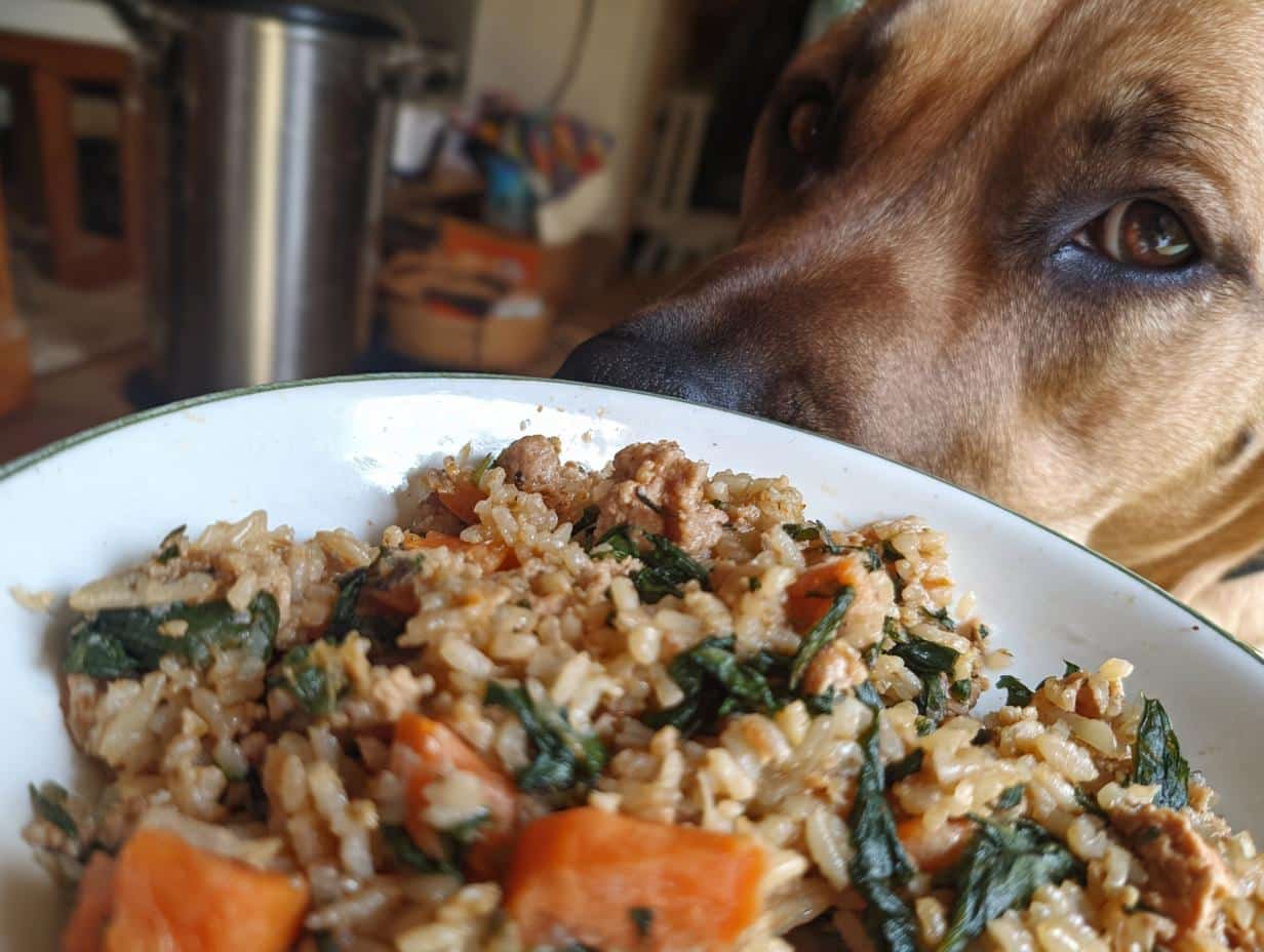 A dog looks longingly at a bowl of Turkey & Spinach Easy Dog Meal.