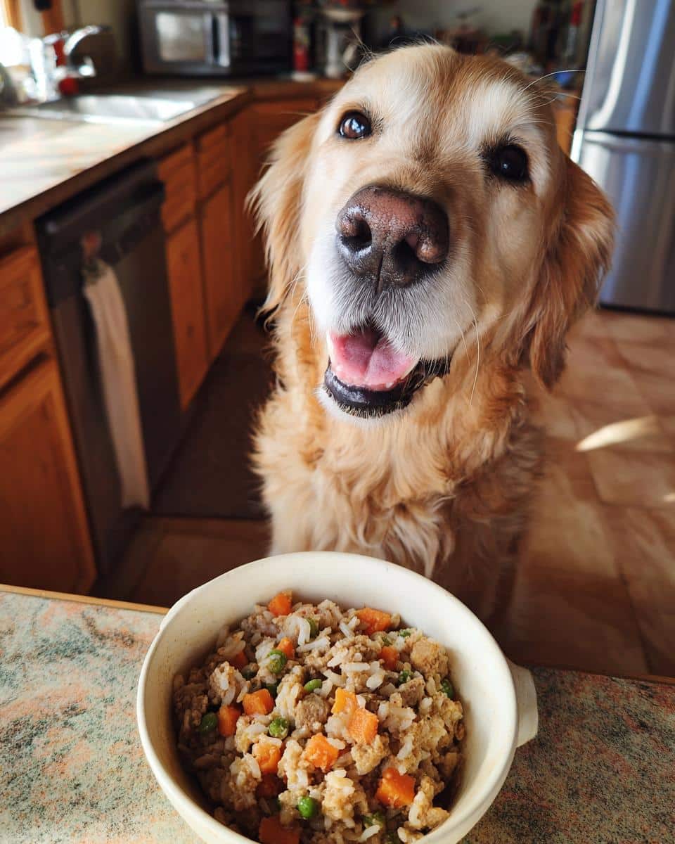 Golden retriever looking eagerly at a bowl of Turkey & Sweet Potato Large Dog Recipe. Healthy homemade dog food.