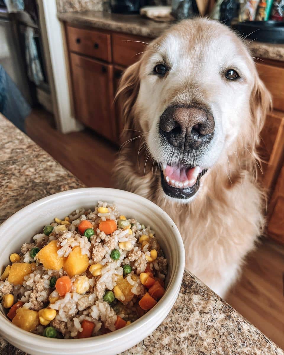 Golden Retriever dog eagerly awaits a bowl of Turkey & Sweet Potato Large Dog Recipe. Nutritious and delicious!