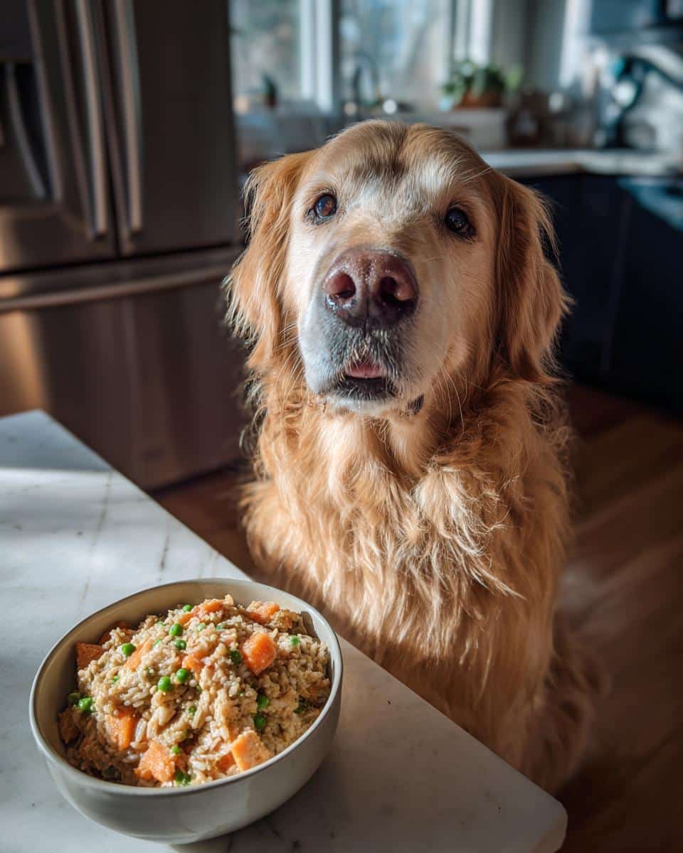 Golden Retriever dog sitting patiently next to a bowl of Turkey & Sweet Potato Large Dog Recipe.