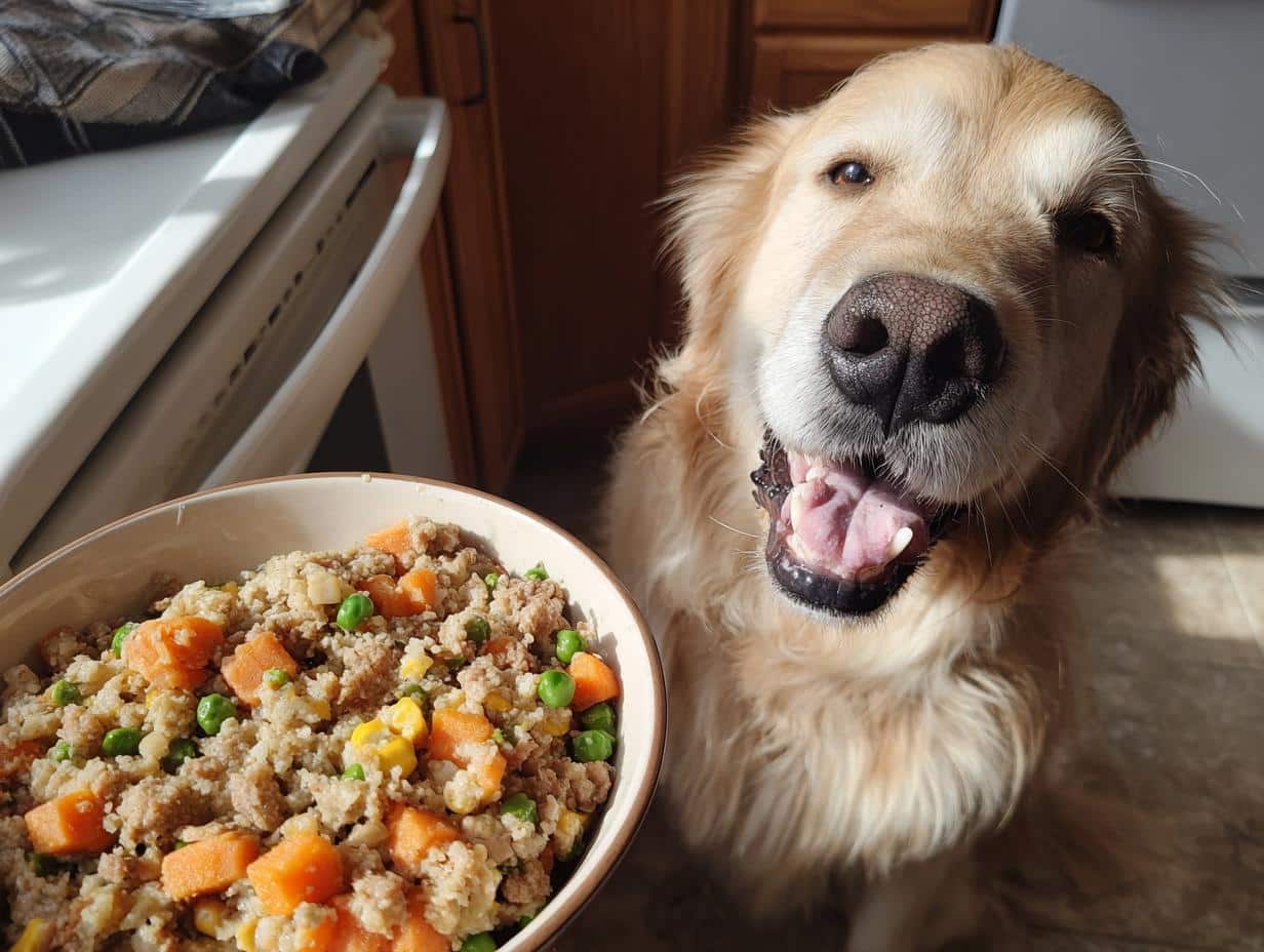 Golden retriever dog smiling next to a bowl of Turkey & Sweet Potato Large Dog Recipe.