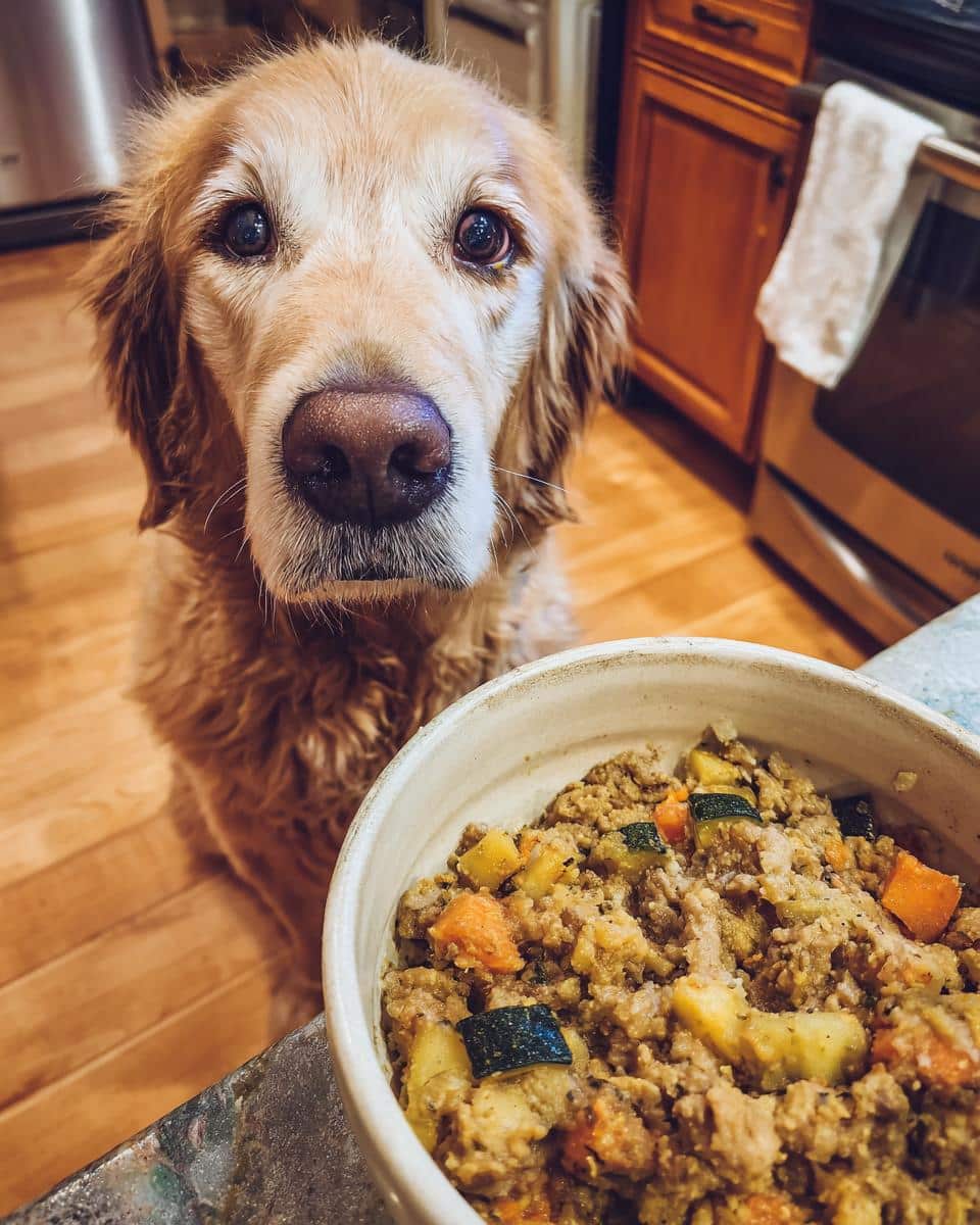 Golden Retriever dog looking at a bowl of Turkey & Zucchini Puppy Dog Food. Focus on the dog and the food.