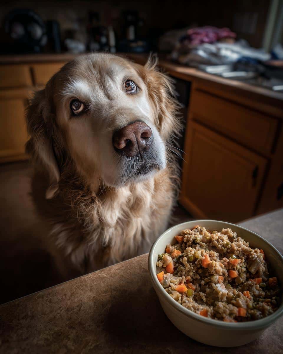 Golden Retriever looking longingly at a bowl of Turkey & Zucchini Puppy Dog Food.