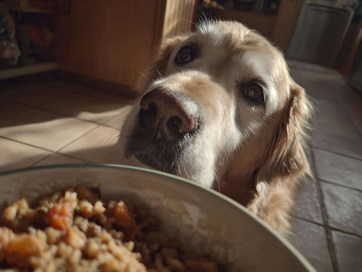 A golden retriever looks longingly at a bowl of Turkey & Zucchini Puppy Dog Food.