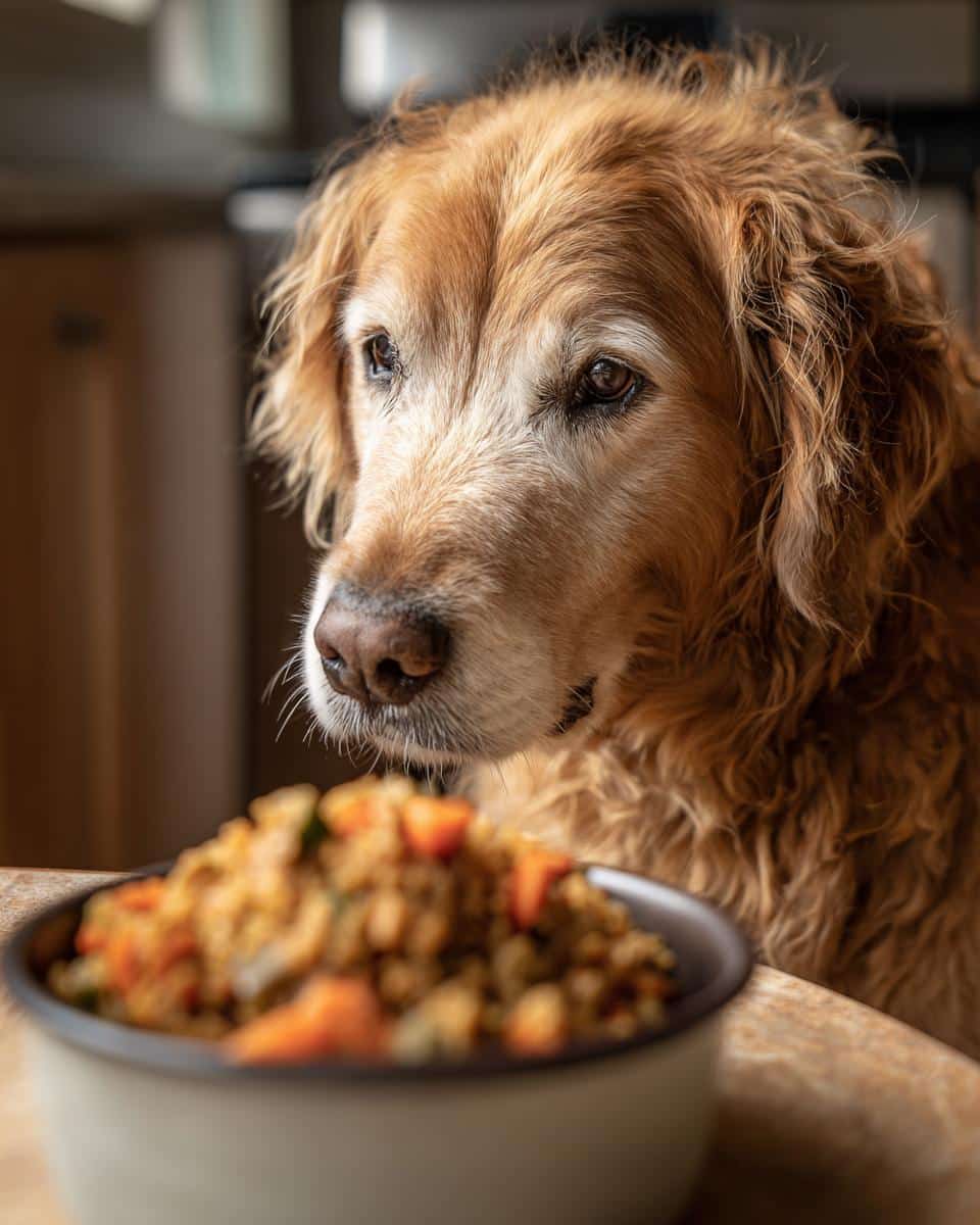 Golden Retriever dog looking longingly at a bowl of Turkey & Zucchini Puppy Dog Food.