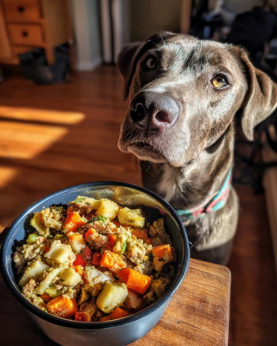 A dog eagerly awaits a bowl of Turkey & Zucchini Small Dog Food. The bowl is filled with colorful vegetables.