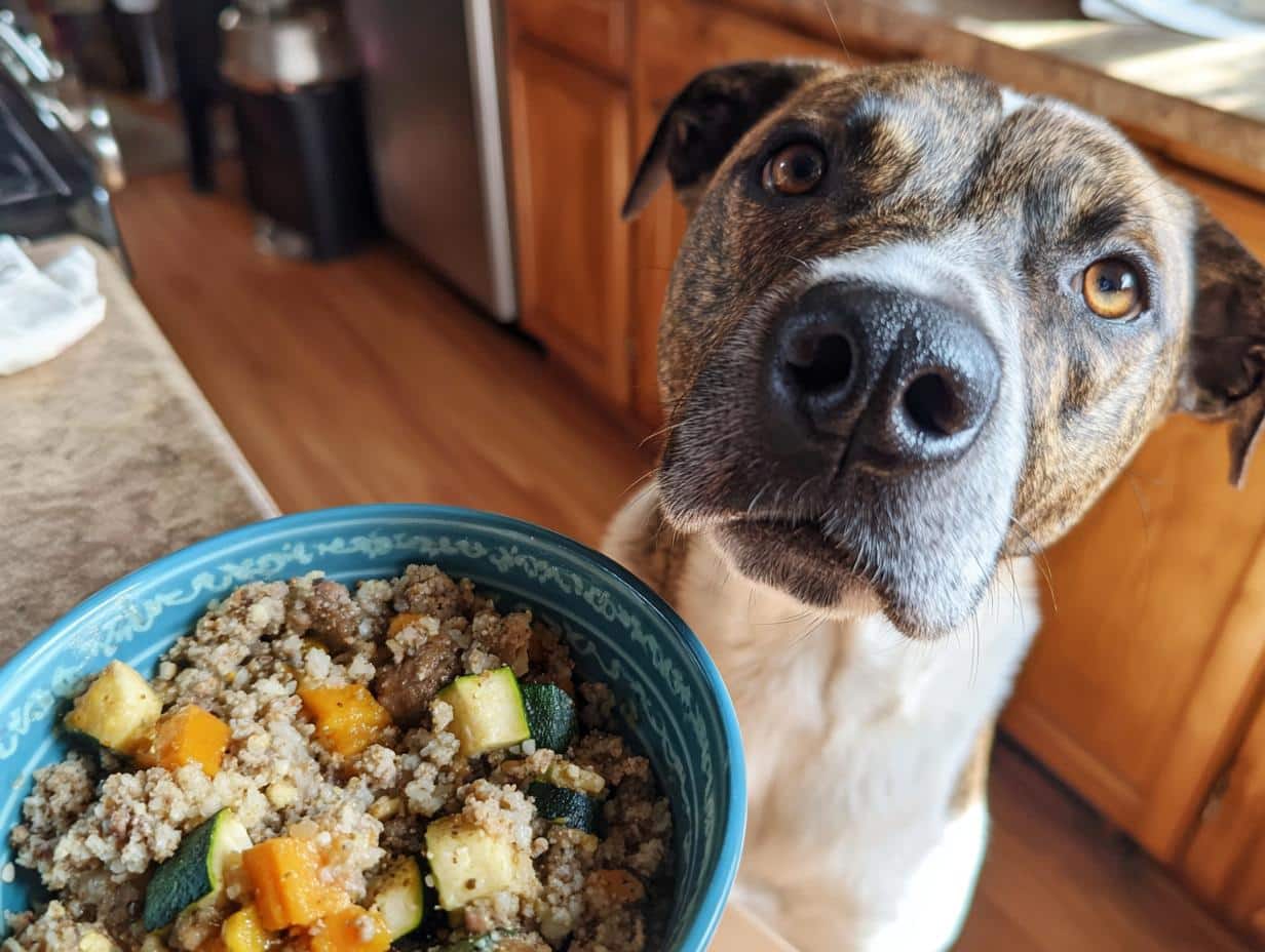 A dog looks longingly at a bowl of Turkey & Zucchini Small Dog Food.
