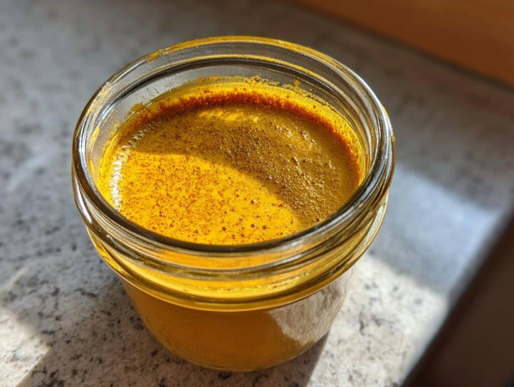 Homemade Turmeric Golden Paste for Dogs in a clear glass jar, showing its vibrant golden color.