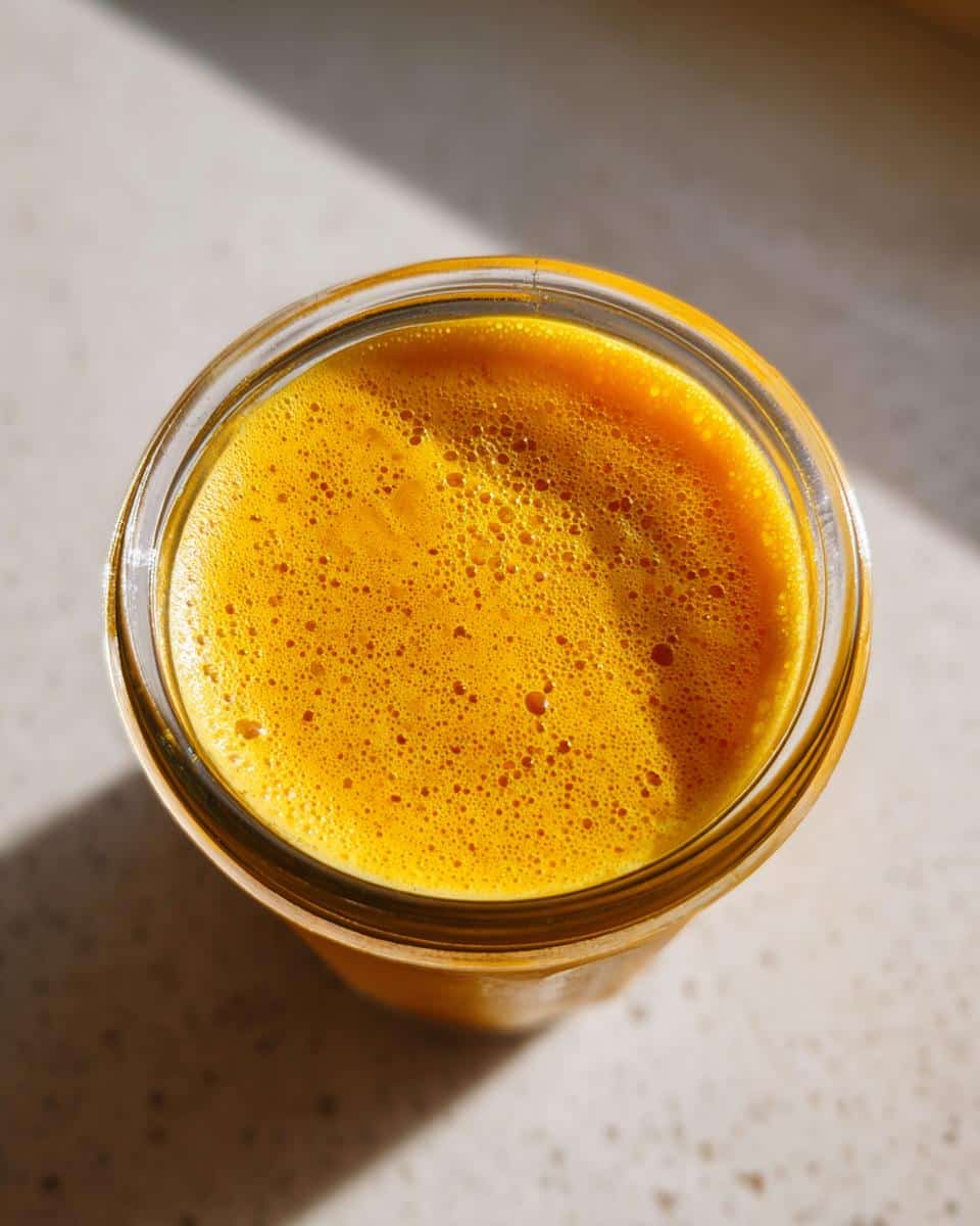 Overhead shot of Turmeric Golden Paste for Dogs in a clear glass jar, showing its vibrant orange color and frothy texture.