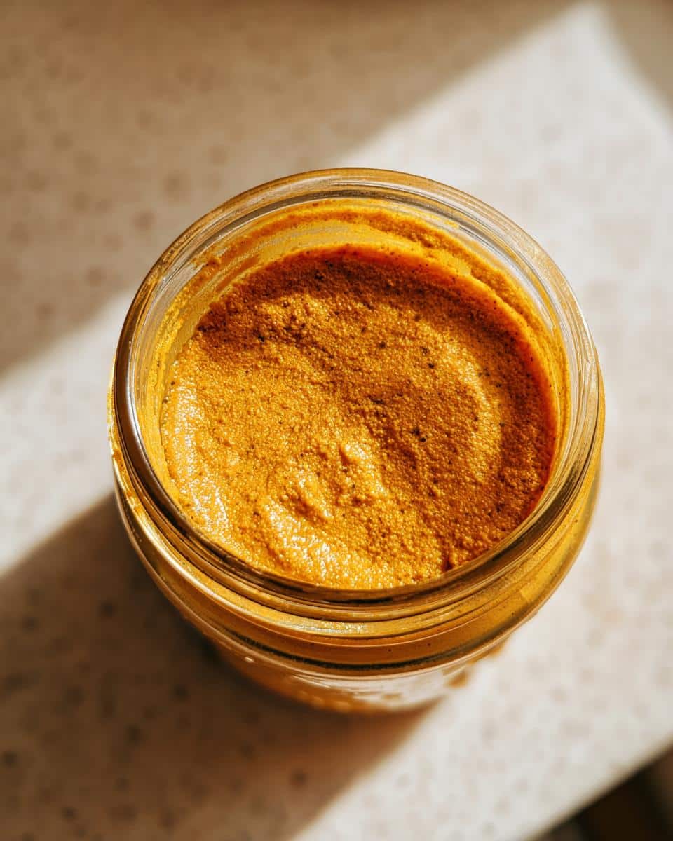 Overhead shot of freshly made Turmeric Golden Paste for Dogs in a glass jar, ready to serve.