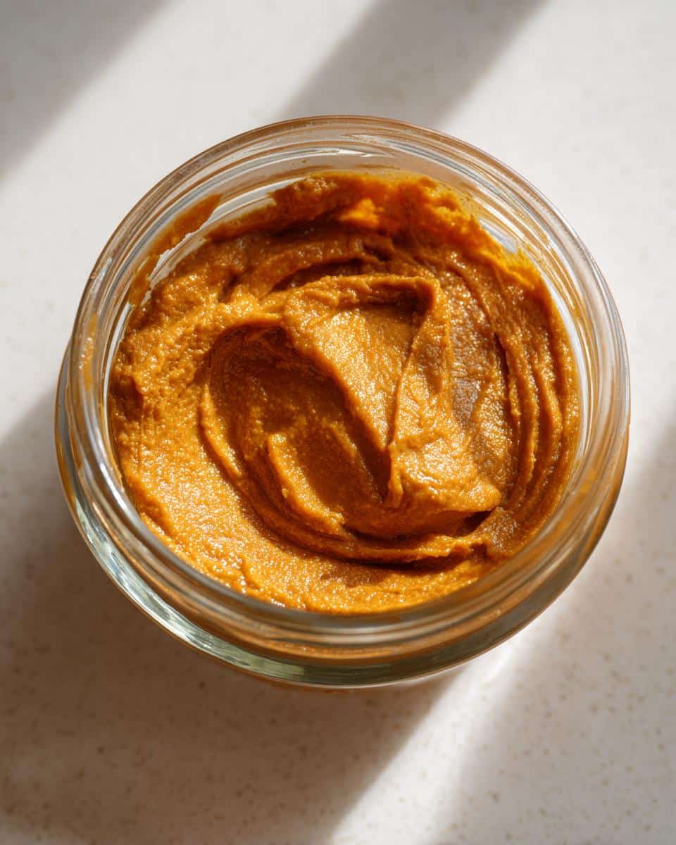Overhead shot of homemade Turmeric Golden Paste for Dogs in a clear glass jar, ready to serve.