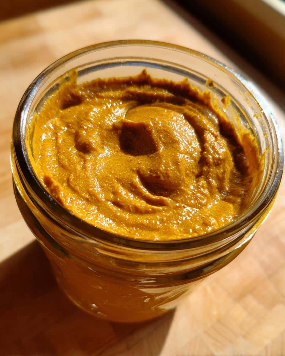Close-up of homemade Turmeric Golden Paste for Dogs in a glass jar, showing its smooth, vibrant texture.