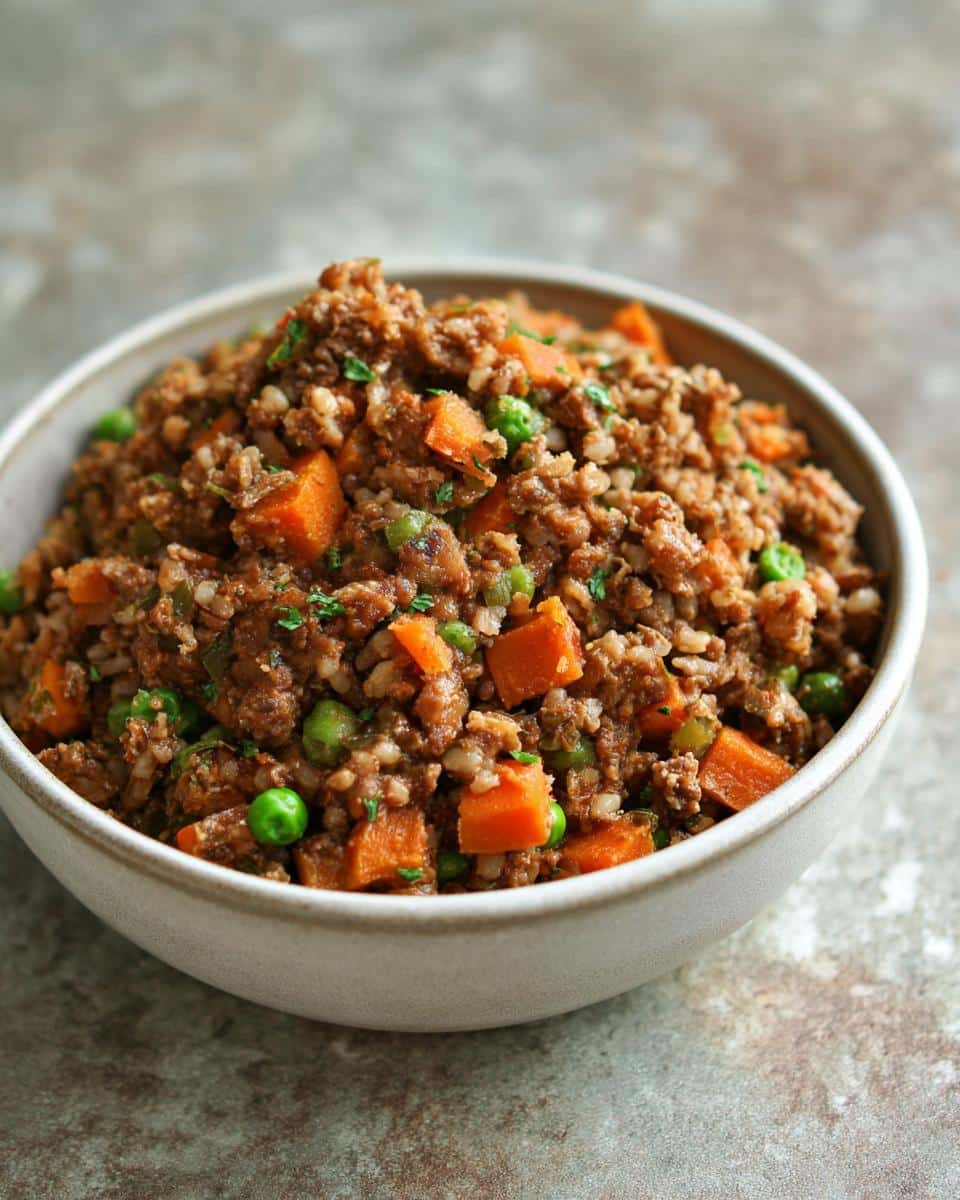 A bowl of homemade Vegan Dog Food Recipe, featuring carrots, peas, and plant-based protein.