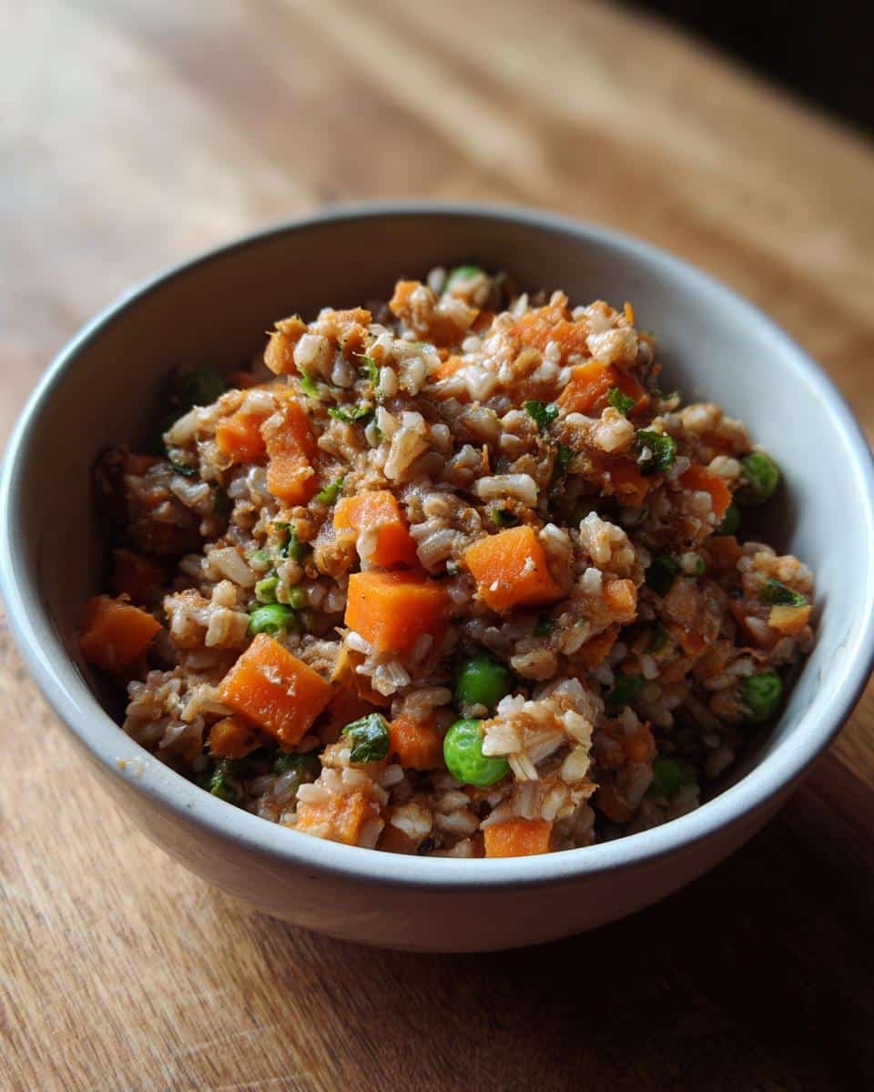 A bowl of homemade Vegan Dog Food Recipe, featuring rice, carrots, peas, and other healthy ingredients.